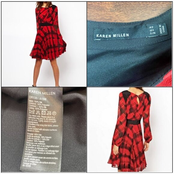 Karen Millen 100% Silk Check Print Fit & Flare Long Sleeve Dress - Size 4 - Picture 9 of 16